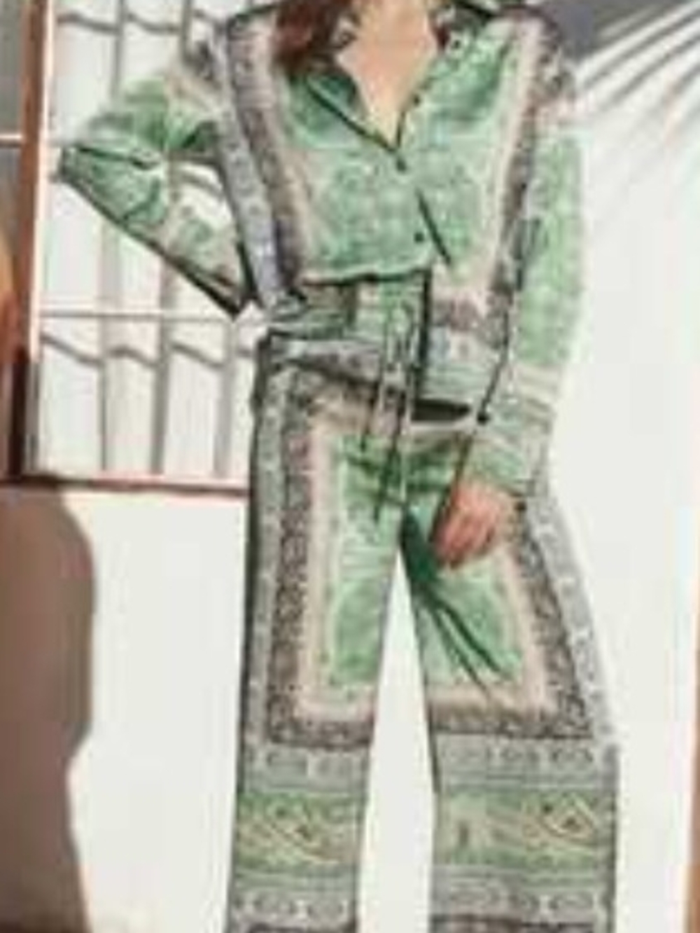 Rachel Zoe Mint Green Printed Blouse With Matching Wide-Leg Pants